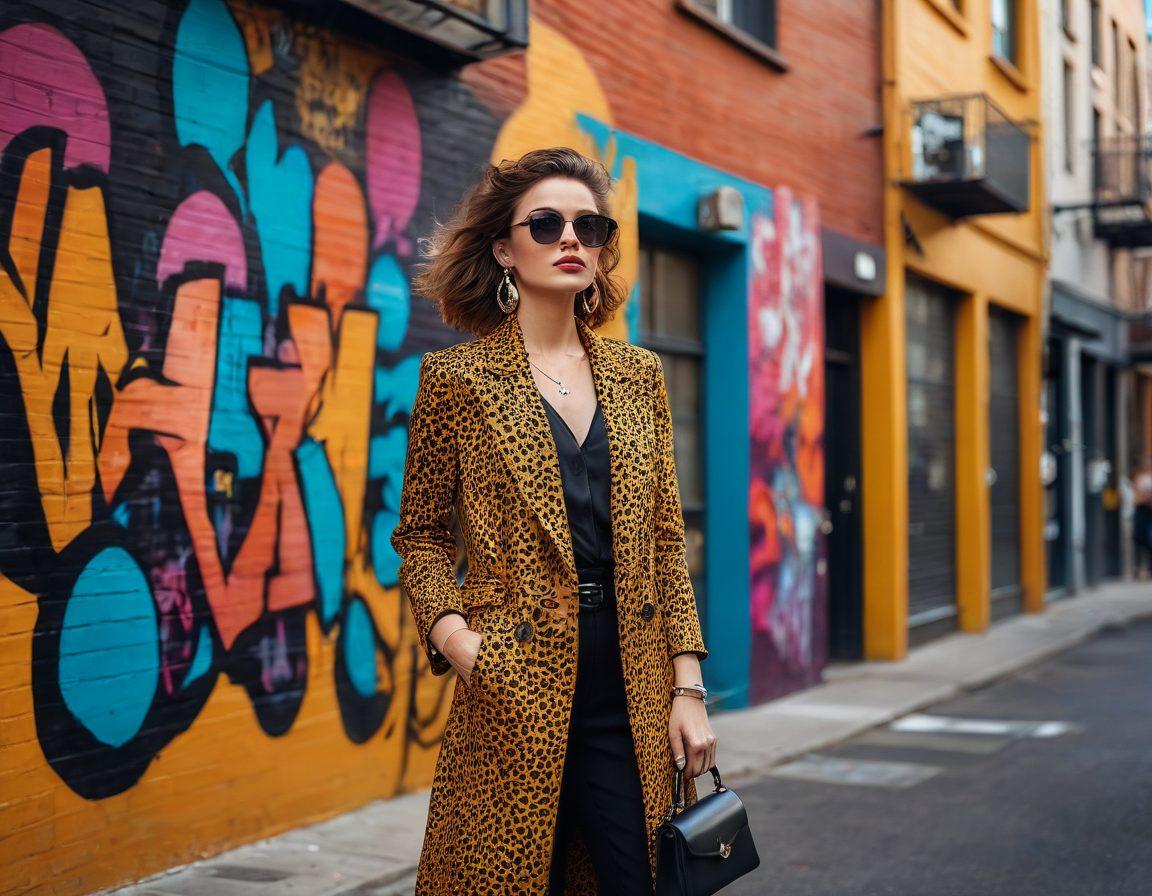 A stylish woman confidently showcases her unique outfit, blending glamour and classiness in an urban setting. The background features a modern cityscape with vibrant street art, while she wears bold accessories and eclectic patterns that express individuality. A soft sunlight bathes the scene in a golden hue, adding warmth to her striking pose. super-realistic. vibrant colors. urban chic.